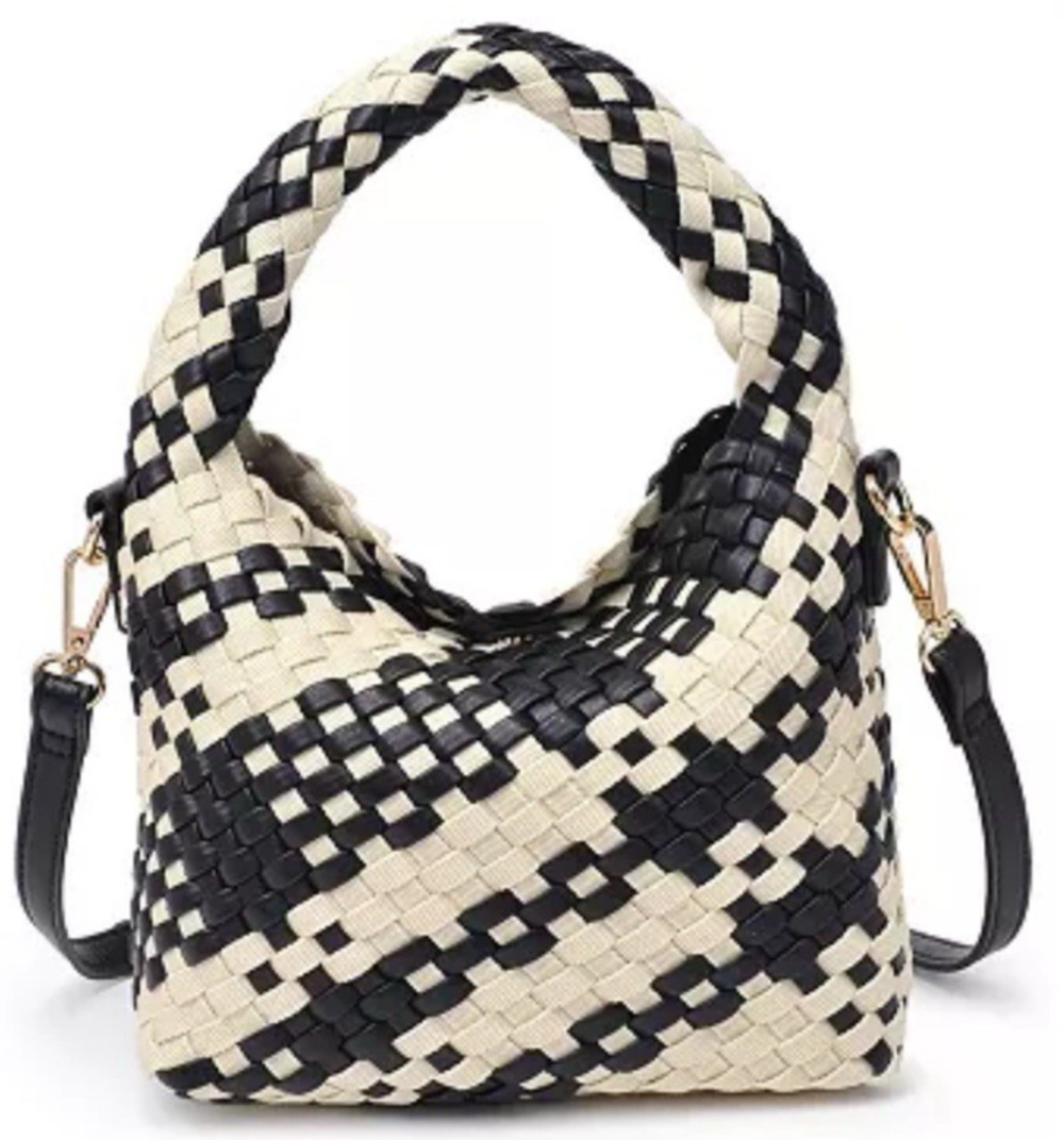 Moda Luxe Jessamine Woven Faux Leather Crossbody Bag Purse Black Checkered NWT